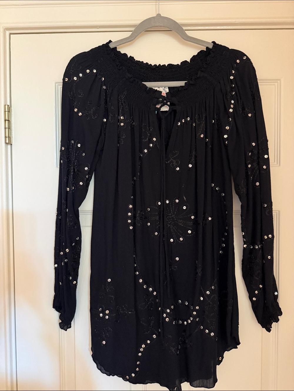 Black Long-Sleeve Embellished Peasant Tunic Dress